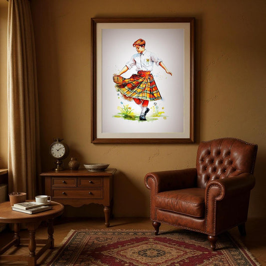 a cozy living room with a framed painting of a woman in a colorful skirt hanging on the wall. The room is furnished with a leather armchair, a wooden side table, and a patterned rug on the floor.