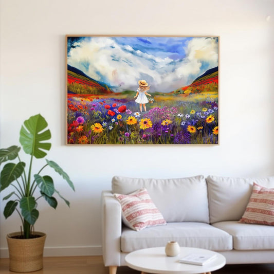 a large painting of a woman standing in a colorful field of flowers, with a blue sky and clouds in the background.