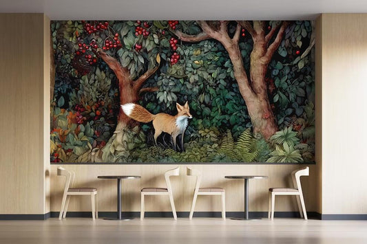 Hand Drawn Self Adhesive Canvas Wallpaper Mural, Forest design, William Morris inspired wallpaper mural Set 2 of 2 - Fox Wallpaper