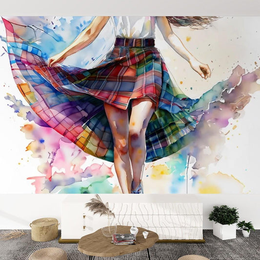 Canvas Wallpaper Mural Watercolor Plaid Skirt - Tartan Skirt - Self Adhesive Canvas Wallpaper
