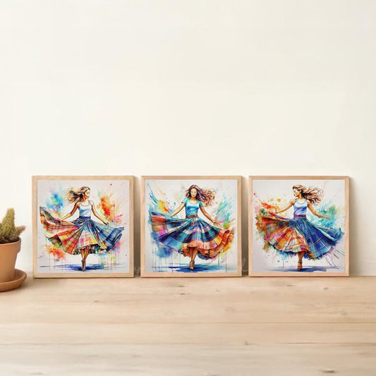 three framed paintings of women in colorful dresses, arranged in a row on a wooden floor against a white wall.