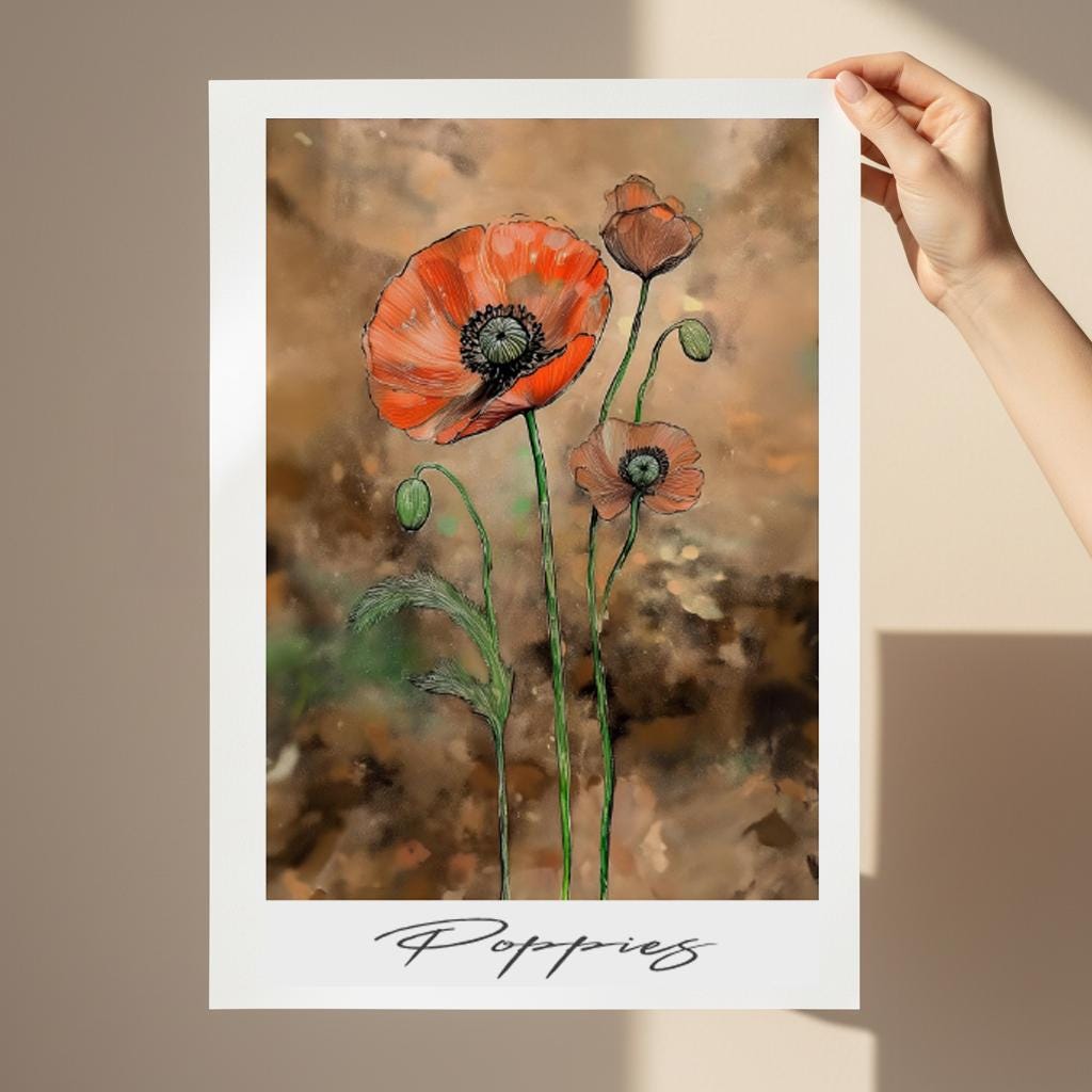 Hand-Drawn Poppies Art Print - Botanical Floral Poster | Eco-Friendly Wall Art