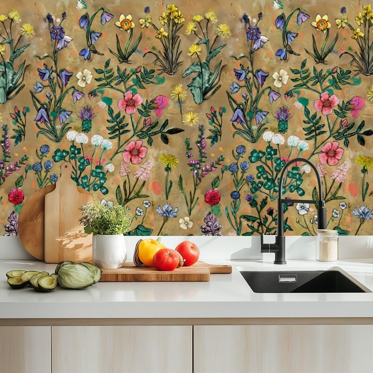 Kitchen & Bathroom Wallpaper Hand drawn Wildflowers - Floral back splash - waterproof - 60"x50" / 152,4 cm x 127 cm