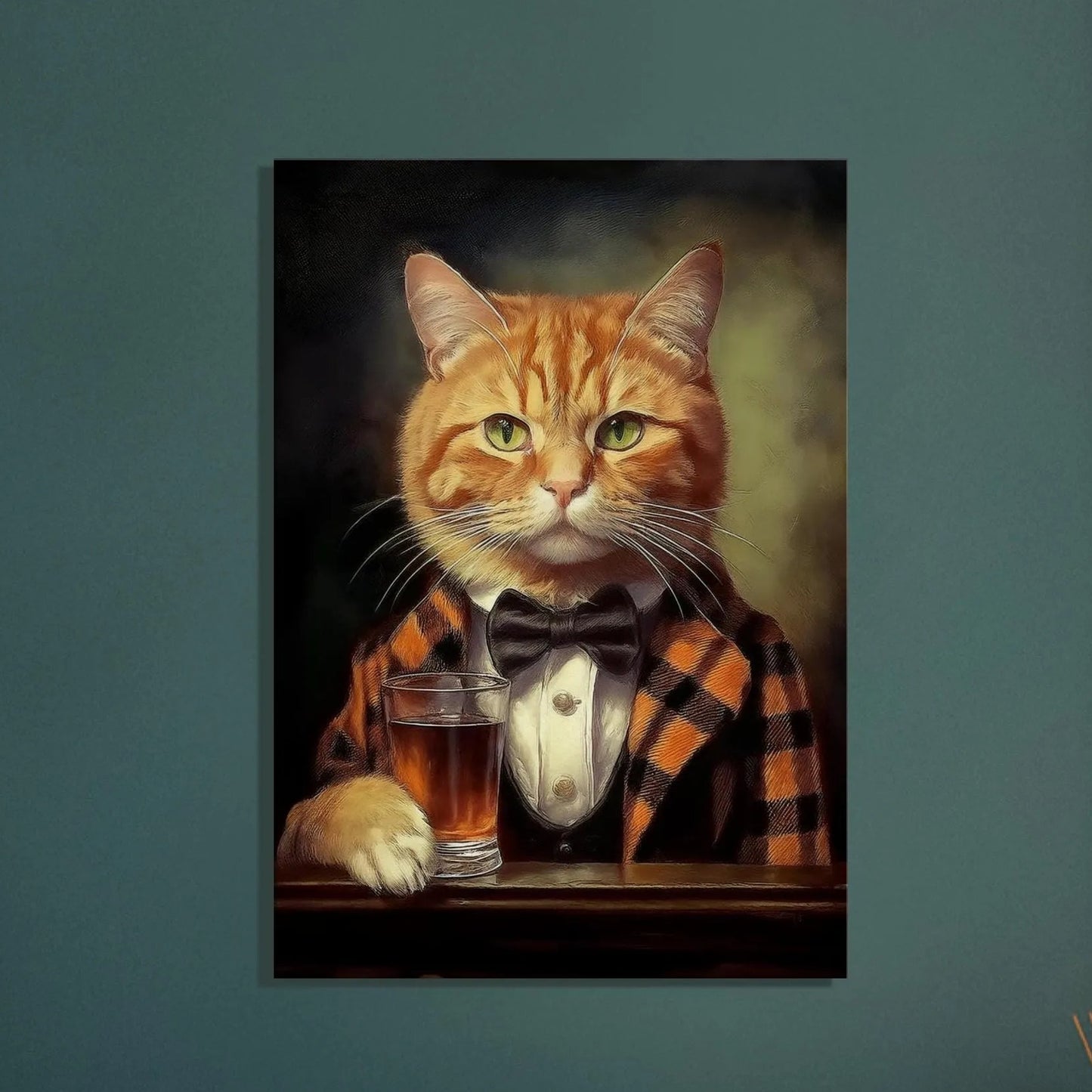 A cat wearing a black bow tie and a plaid jacket is sitting at a bar, holding a glass of beer.