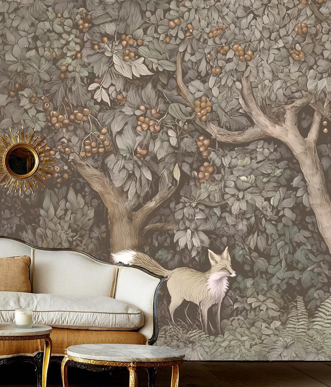 Hand Drawn Self Adhesive Canvas Wallpaper Mural, Forest design, William Morris inspired wallpaper mural Set 2 of 2 - Vintage Fox Wallpaper
