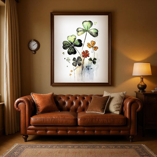a cozy living room with a brown leather sofa adorned with two throw pillows, a framed watercolor painting of green and orange flowers hanging on the wall above the sofa, and a clock on the wall.