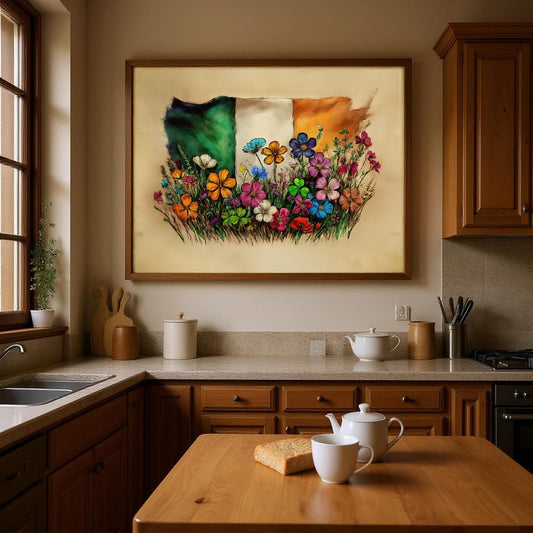 Drapeau irlandais encadré – Dessin à la main – Raise the Colours | Le drapeau national de l'Irlande – UK Heritage Art