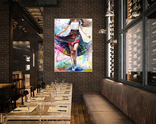 Art encadré, aquarelle représentant une jupe tartan, tableau encadré représentant une danseuse écossaise, art mural écossais