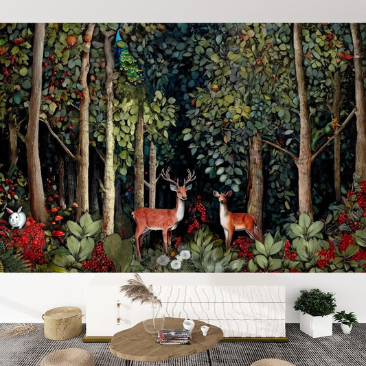 Hand Drawn Self Adhesive Canvas Wallpaper Mural, Forest design, William Morris inspired wallpaper mural - Set 1 of 2 - Deer Wallpaper