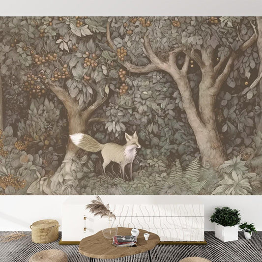 Hand Drawn Self Adhesive Canvas Wallpaper Mural, Forest design, William Morris inspired wallpaper mural Set 2 of 2 - Vintage Fox Wallpaper