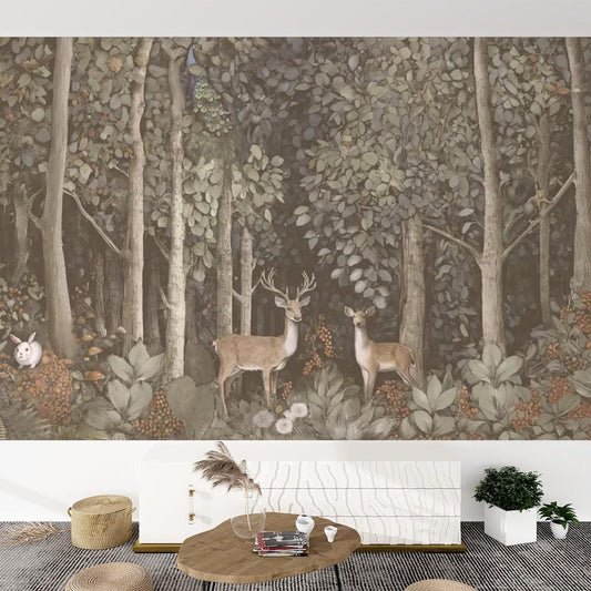 Hand Drawn Self Adhesive Canvas Wallpaper Mural, Forest design, William Morris inspired wallpaper mural Set 1 of 2 - Vintage Deer Wallpaper