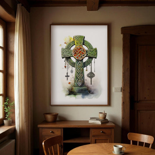 a large framed painting of a cross with intricate designs and patterns, hanging on the wall above a wooden table and chairs in a cozy, rustic-looking room.