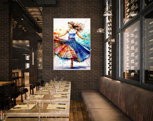 Art encadré, aquarelle représentant une jupe tartan, tableau encadré représentant une danseuse écossaise, art mural écossais