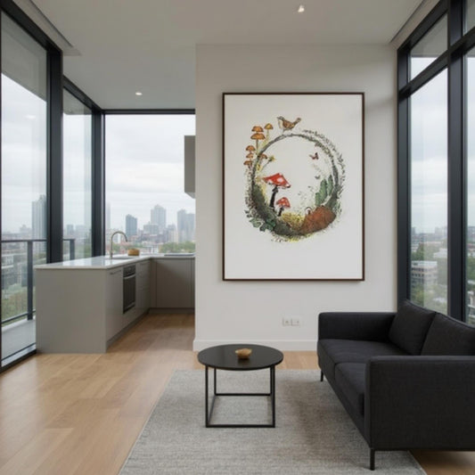a modern living room with a large window overlooking a cityscape. The room features a black sofa, a round coffee table, and a framed artwork of mushrooms and other natural elements on the wall.