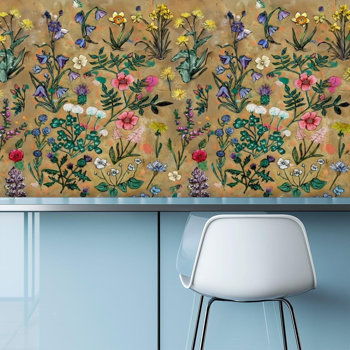 Kitchen & Bathroom Wallpaper Hand drawn Wildflowers - Floral back splash - waterproof - 60"x50" / 152,4 cm x 127 cm
