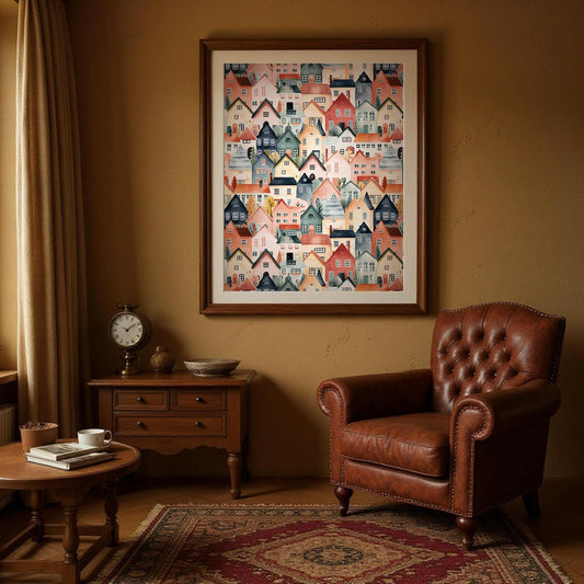 a cozy living room with a large framed print of colorful houses hanging on the wall above a brown leather armchair. The room also includes a wooden side table, a round coffee table, and a rug on the floor.
