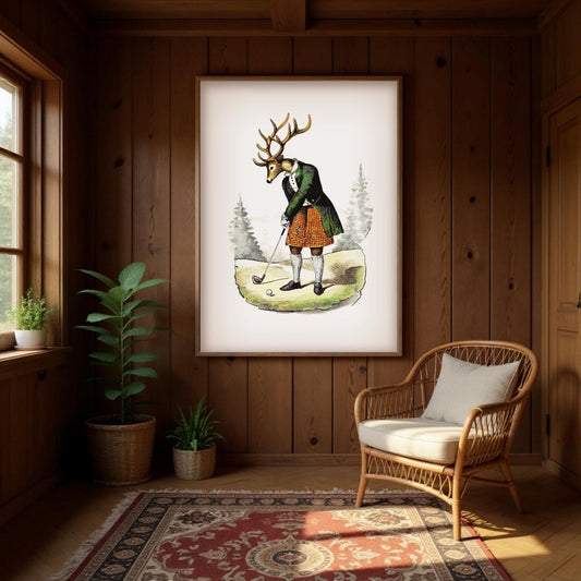 a wooden room with a large framed illustration of a deer wearing a green coat and orange pants, holding a golf club and standing on a green field. The room also includes a wicker chair, potted plants, and a rug on the floor.