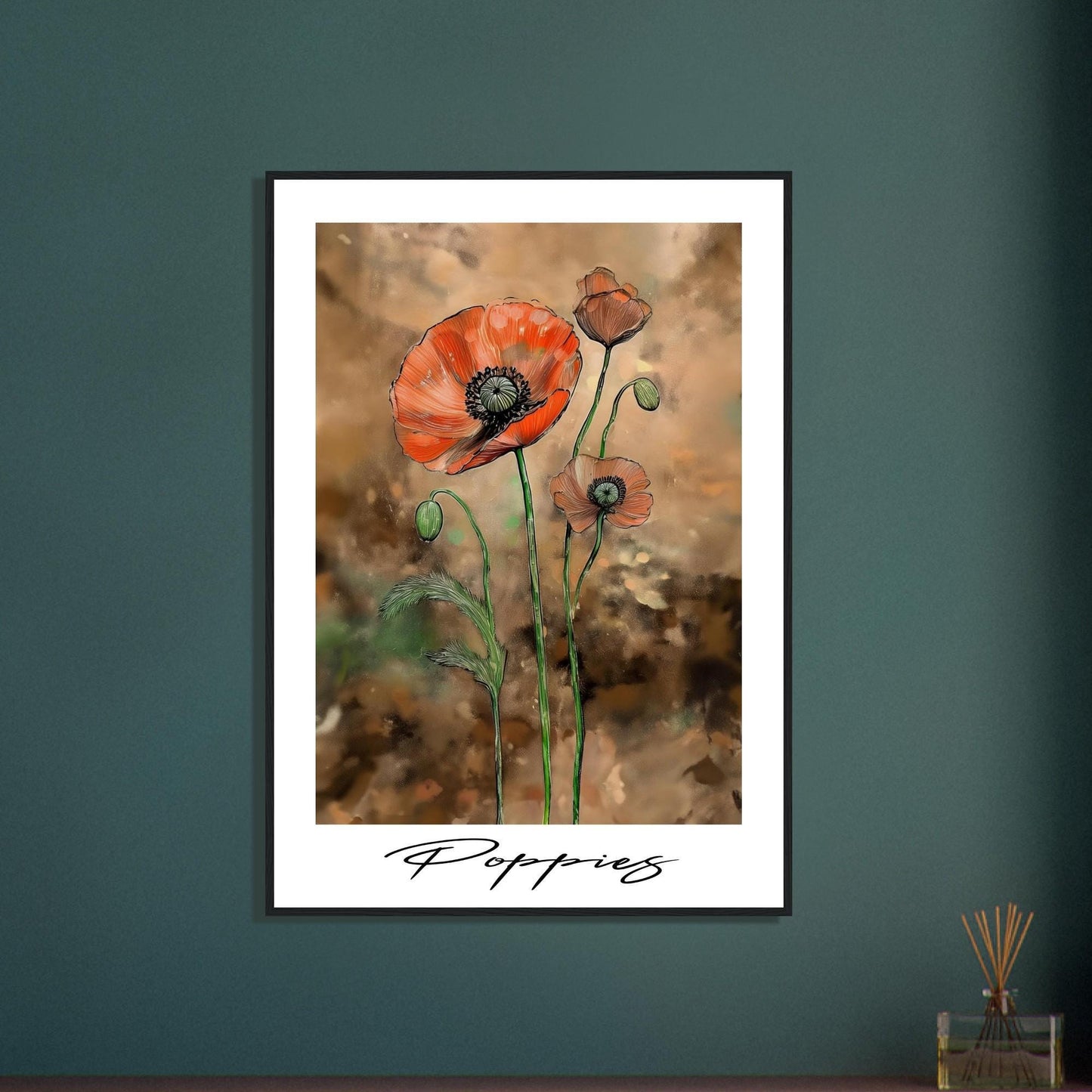 Handdrawn Poppies Framed Floral Poster - Elegant Botanical Art for Home Decor