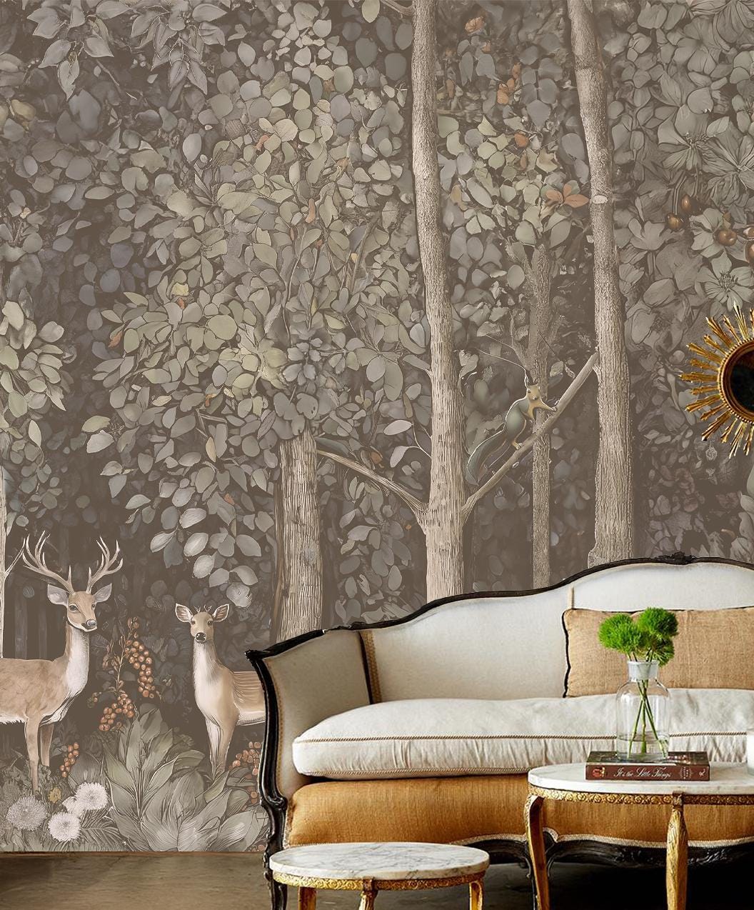 Hand Drawn Self Adhesive Canvas Wallpaper Mural, Forest design, William Morris inspired wallpaper mural Set 1 of 2 - Vintage Deer Wallpaper