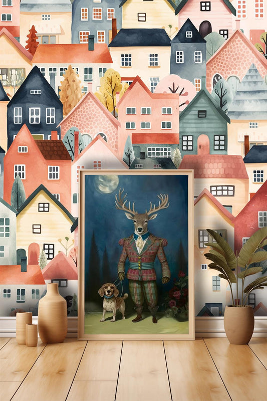 a collage of colorful houses and a deer wearing a suit, standing in front of a wooden floor.
