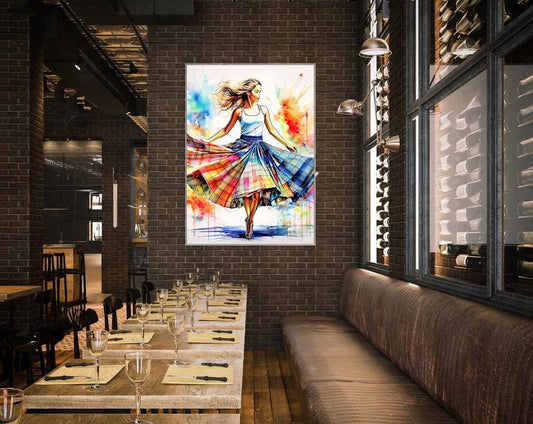 Art encadré, aquarelle représentant une jupe tartan, tableau encadré représentant une danseuse écossaise, art mural écossais