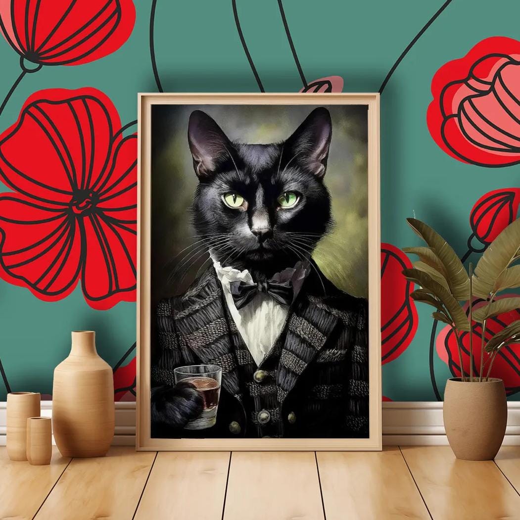 A framed photograph of a black cat wearing a suit and tie, with a glass of wine in its paw, set against a vibrant floral background.