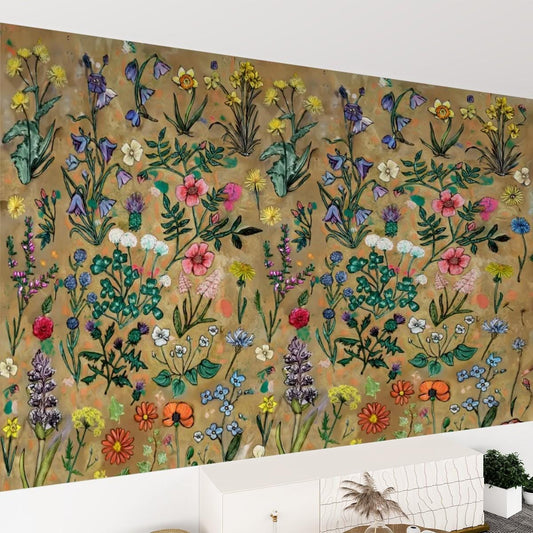 Canvas Wallpaper Hand drawn Wildflowers - Self Adhesive Floral Wallpaper for England, Scotland, Wales & Ireland