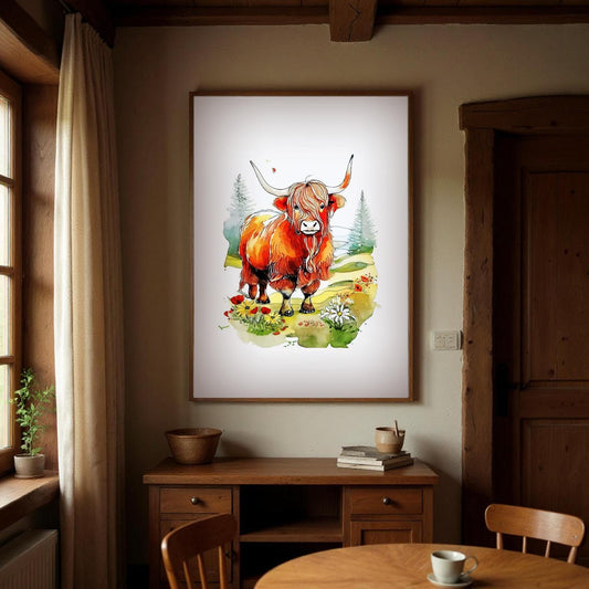 a large framed painting of a bull with horns, set against a natural landscape with trees and flowers. The painting is hanging on a wall in a room with a wooden table and chairs.