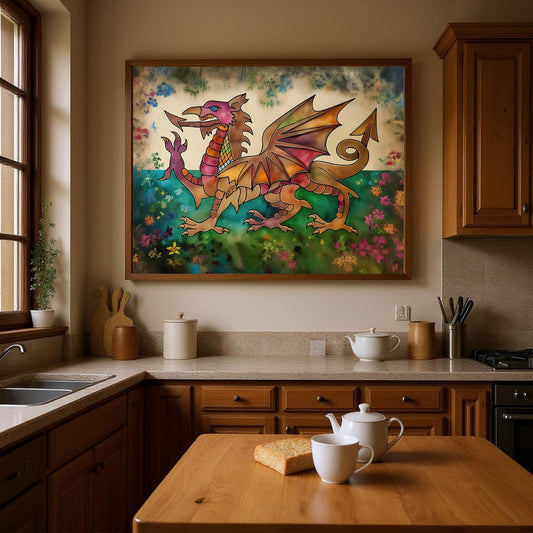 Drapeau gallois encadré – Dessin à la main – Raise the Colours | Le drapeau national du Pays de Galles – Le dragon gallois Y Ddraig Goch – UK Heritage Art