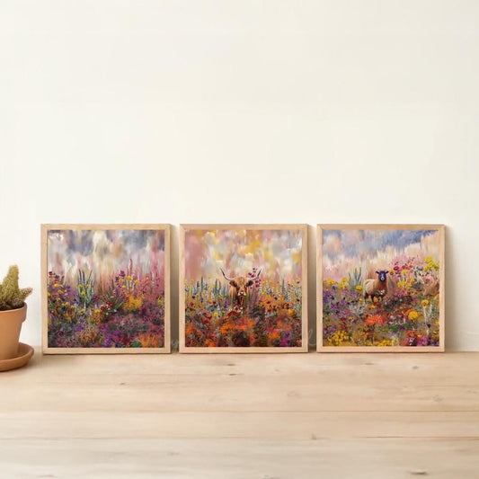 three framed paintings of a field with flowers, each featuring a different animal, such as a deer, a bird, and a rabbit.