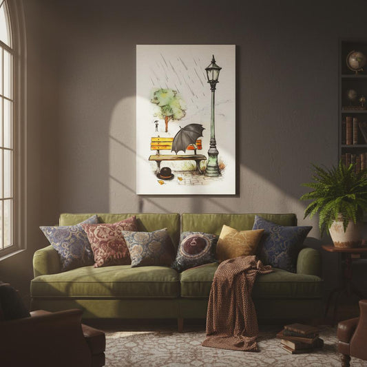 a cozy living room with a green sofa adorned with colorful pillows, a potted plant, and a painting of a bench and umbrella on the wall.