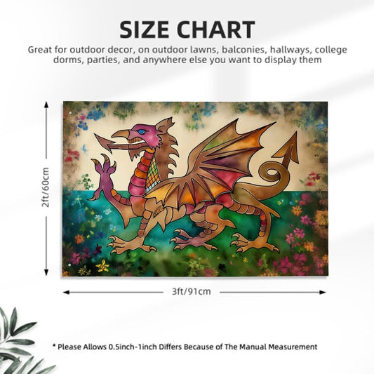 Heavy-duty, Hand Drawn Welsh Flag Design, Three-Layer Outdoor Flag of Wales. Double Sided. 36"x24" / 92x61 cm | Dragon Y Ddraig Goch