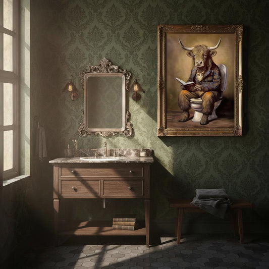 a bathroom with a vanity, mirror, and a painting of a bull with a human-like appearance sitting on a toilet.