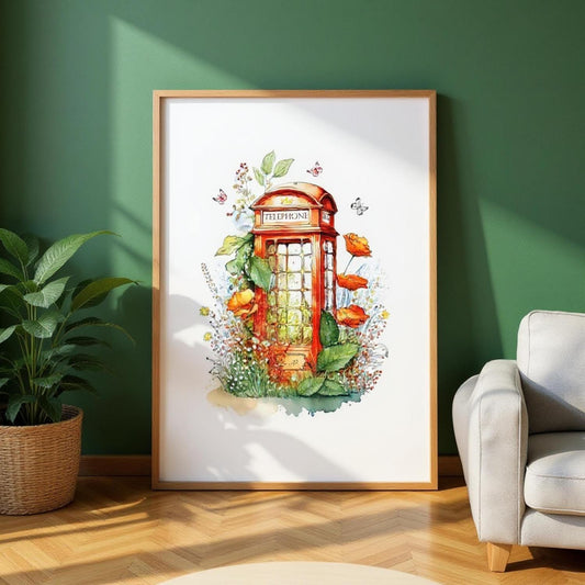 a framed painting of a telephone booth surrounded by flowers and greenery, placed on a green wall in a room with a white couch and a potted plant.