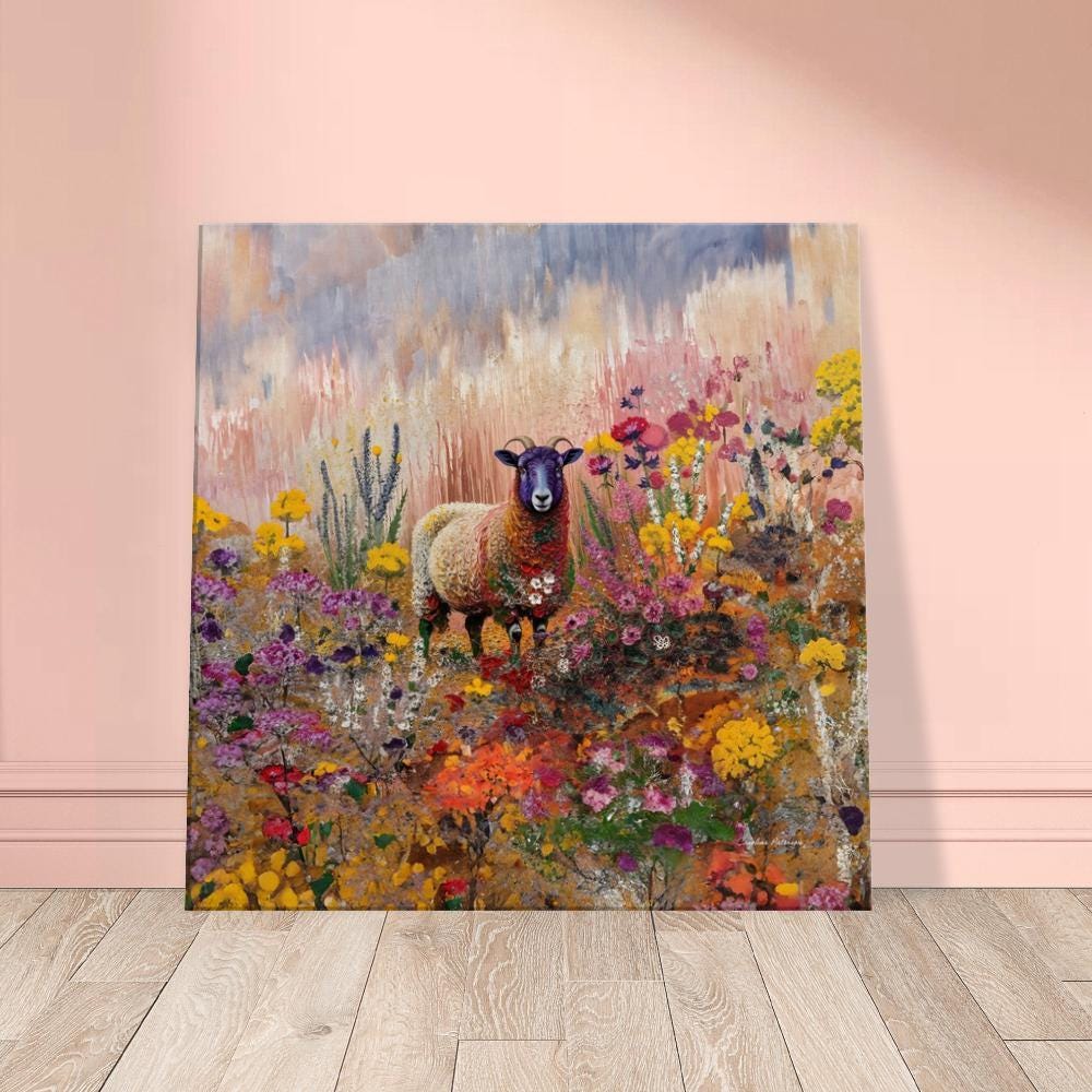 Scottish Blackface Sheep Canvas Print: Pink Floral Highland Art