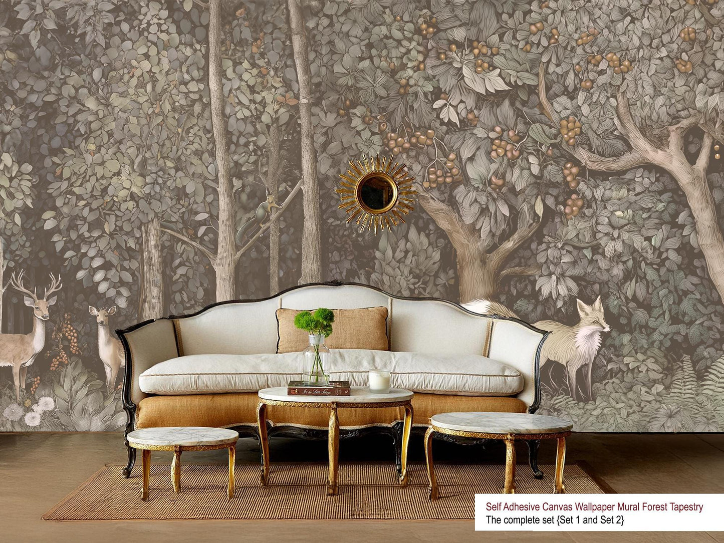 Hand Drawn Self Adhesive Canvas Wallpaper Mural, Forest design, William Morris inspired wallpaper mural Set 2 of 2 - Vintage Fox Wallpaper