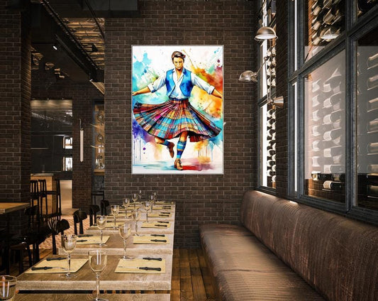 Art encadré, aquarelle représentant une jupe tartan, tableau encadré représentant une danseuse écossaise, art mural écossais