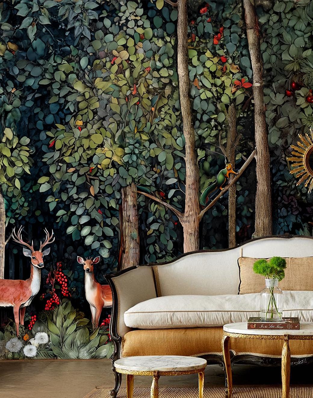Hand Drawn Self Adhesive Canvas Wallpaper Mural, Forest design, William Morris inspired wallpaper mural - Set 1 of 2 - Deer Wallpaper