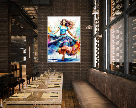 Art encadré, aquarelle représentant une jupe tartan, tableau encadré représentant une danseuse écossaise, art mural écossais