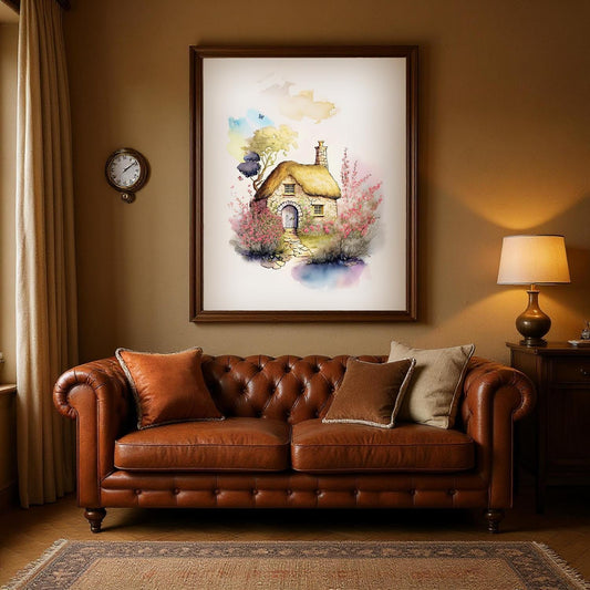a cozy living room with a brown leather sofa, a framed painting of a quaint cottage, a clock on the wall, and a lamp on a side table.