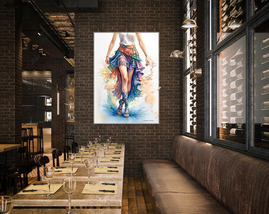 Art encadré, aquarelle représentant une jupe tartan, tableau encadré représentant une danseuse écossaise, art mural écossais