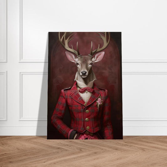 Victorian Stag Print - Red Tartan Suit - Unique Fine Art Poster | Stag's head on a human body