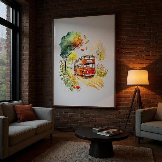 a large painting of a double-decker bus on a road, hanging on a brick wall in a cozy living room setting.
