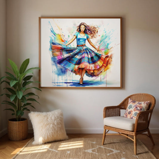 a vibrant painting of a woman in a flowing dress, with splashes of color and dynamic movement, hanging on a wall above a wicker chair and a fluffy white pillow.