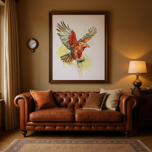 a large, colorful painting of a bird in mid-flight, hanging on the wall above a brown leather sofa with decorative pillows.