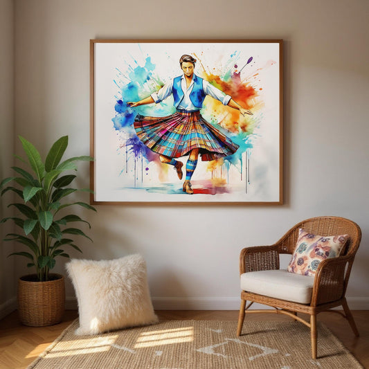 a colorful painting of a man in a traditional Scottish kilt, with splashes of color and a dynamic pose, hanging on a wall above a wicker chair and a potted plant.