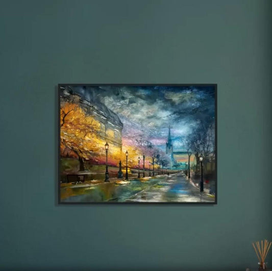 The image is a framed painting depicting a city street scene with a colorful, vibrant atmosphere.