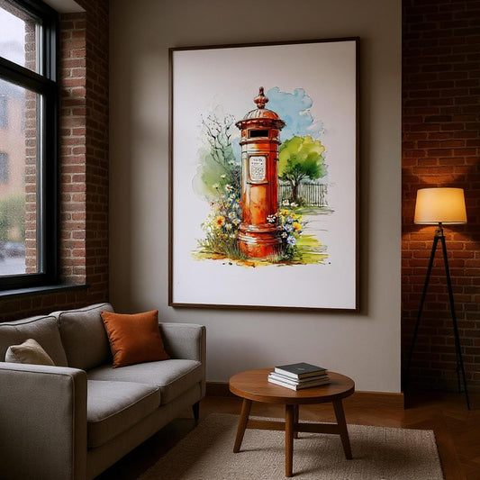 a large painting of a red post box on the wall of a cozy living room.