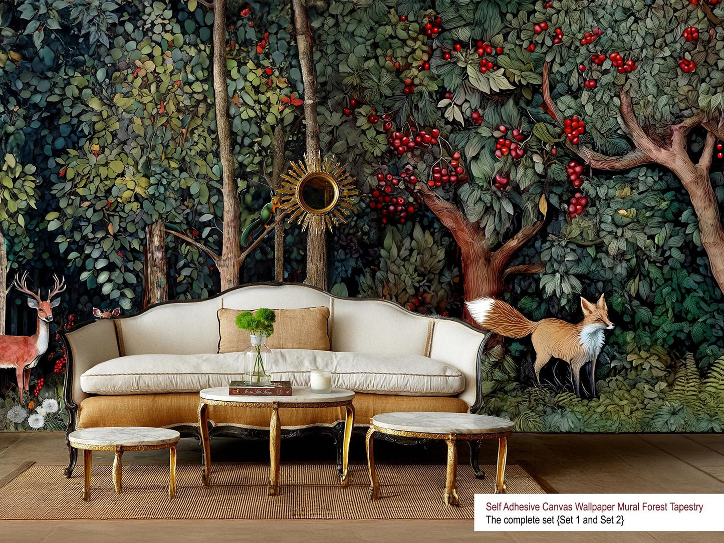 Hand Drawn Self Adhesive Canvas Wallpaper Mural, Forest design, William Morris inspired wallpaper mural Set 2 of 2 - Fox Wallpaper