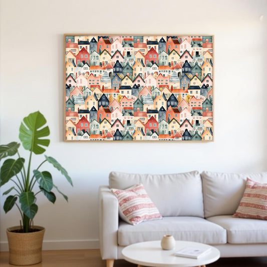 a large, colorful painting of a cityscape hanging on a wall above a white couch in a living room.